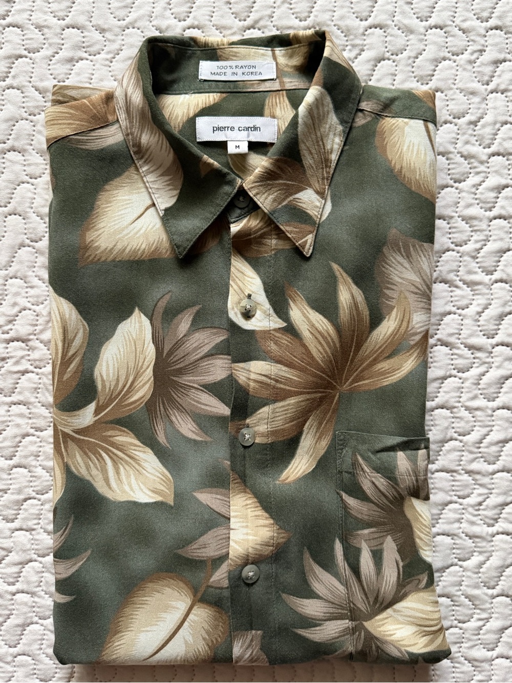 Pierre Cardin Men’s Medium 100% Rayon Floral Hawaiian Shirt Olive Brown Korea